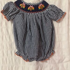 Turkey Gingham Baby Smock with Embroidered Details